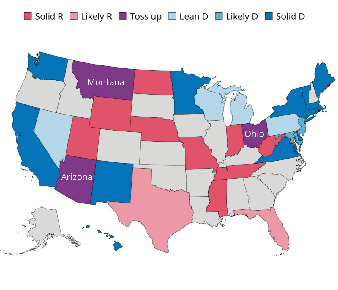 Map depicting which direction US states lean in regards to the Senate race
